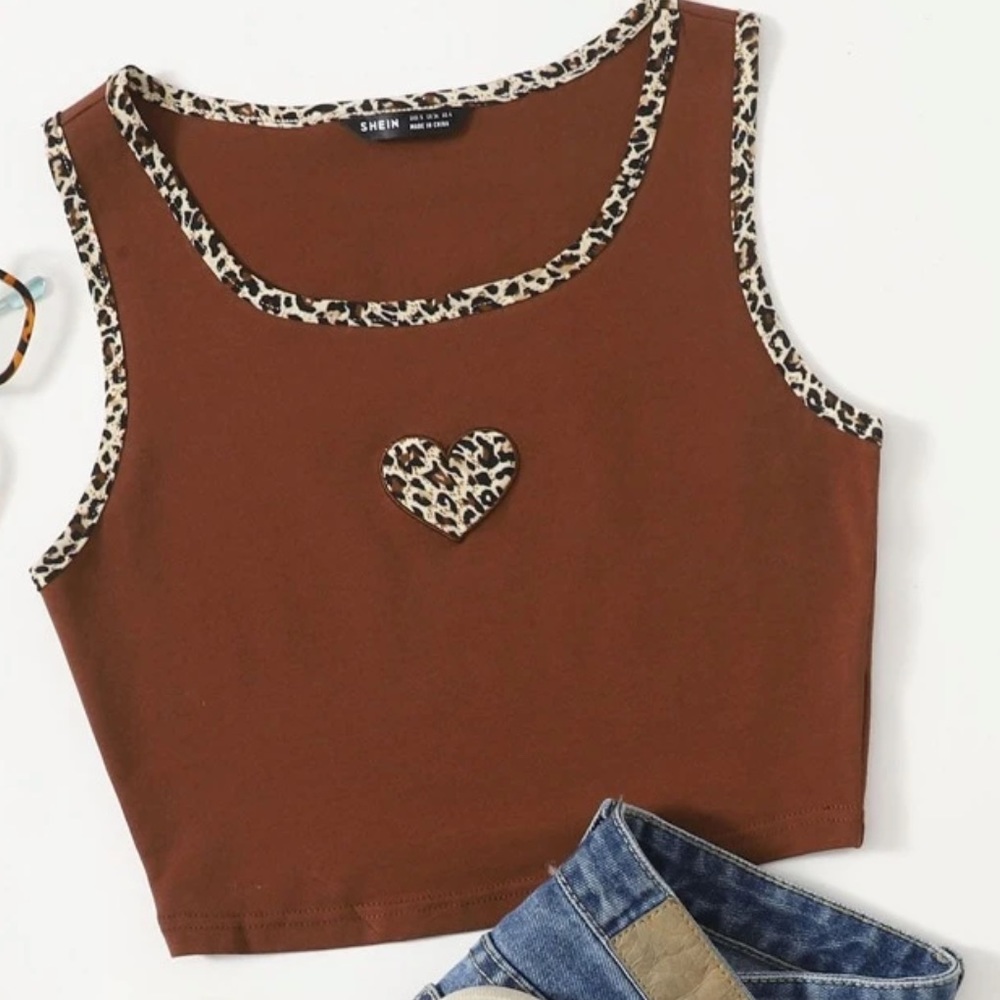 Shein crop sleeveless tshirt brien with cheetah trim size M